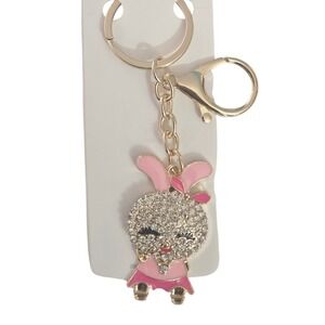 Sparkly Bunny Rabbit Rhinestone Keychain Women Pink Gold Tone Purse Charm